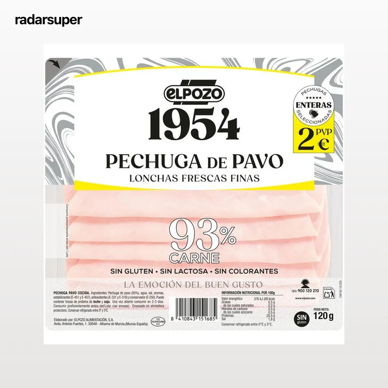 Pechuga de pavo 1954 ELPOZO 120 gr lonchas frescas finas sin gluten y sin lactosa