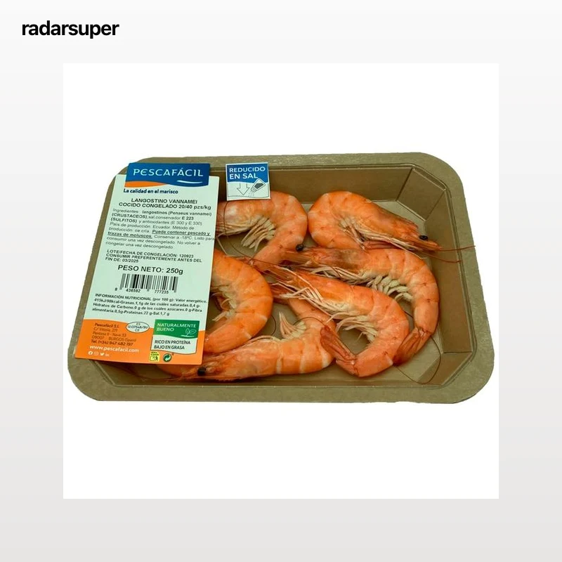 PESCAFACIL Langostino vannamei cocido reducido sal 20/40 250 g.