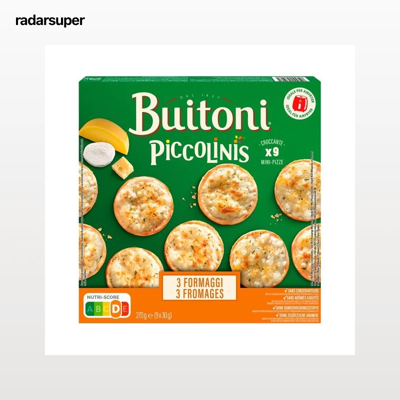 PICCOLINIS de Buitoni Mini pizzas 3 quesos (mozzarella, emmental y queso curado) 9 x 30 g.