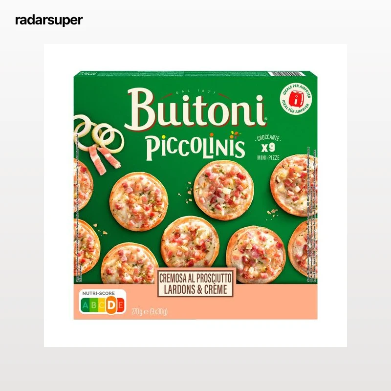 PICCOLINIS Mini pizza congelada con nata agria, cebolla, jamón y bacon de Buitoni 9 x 30 g.