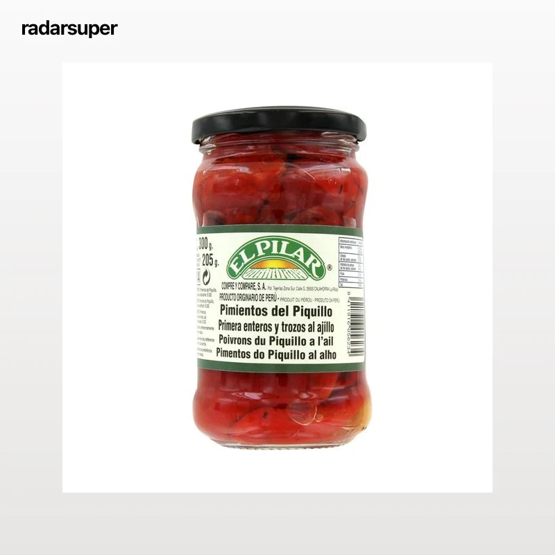 EL PILAR Pimientos del Piquillo enteros al ajillo frasco de 220 g.
