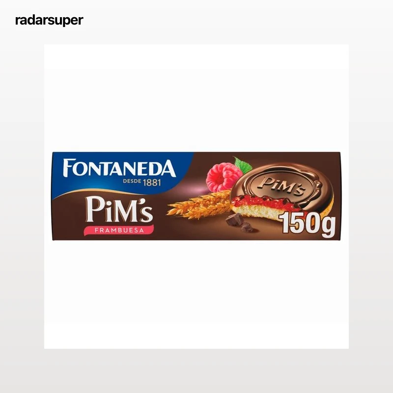 PIM´S de Fontaneda Galletas de bizcocho recubiertas de frambuesa con una fina capa de chocolate 150 g.