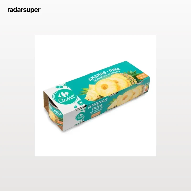 Piña en rodajas en su jugo Classic Carrefour pack de 3 unidades de 140 g.