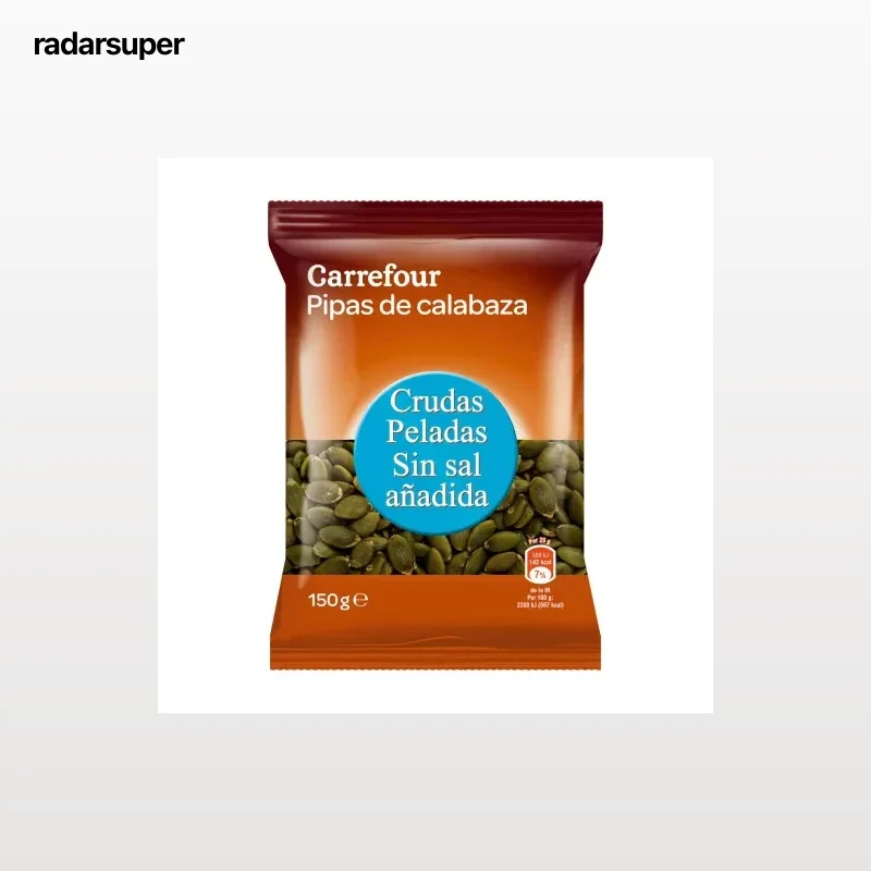 Pipas de calabaza crudas y peladas Carrefour sin sal añadida 150 g.