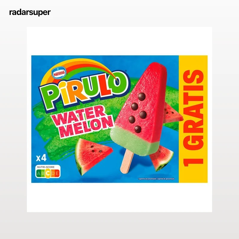 PIRULO de Nestlé Helado de agua con sabor a sandia y manzana con trocitos de cacao 4 x 73 ml (+1 gratis).