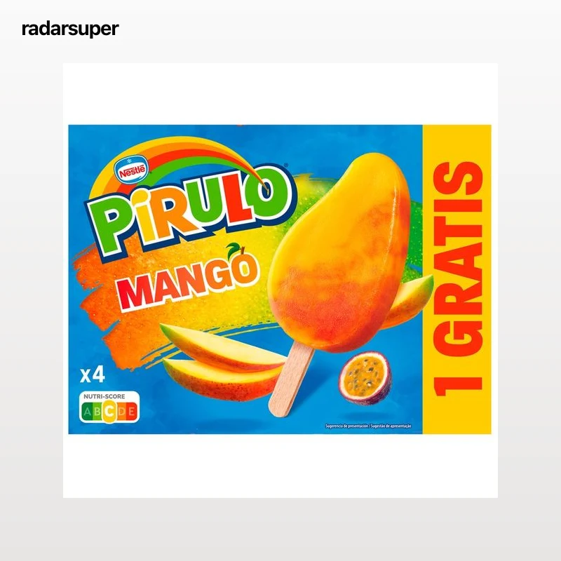 PIRULO de Nestlé Helado de agua sabor mango y fruta de la pasión 4 x 70 ml (+1 gratis).