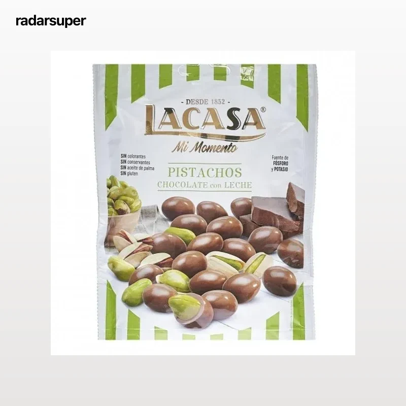 Pistachos cubiertos de chocolate con leche Lacasa sin gluten  doy pack 100 g.