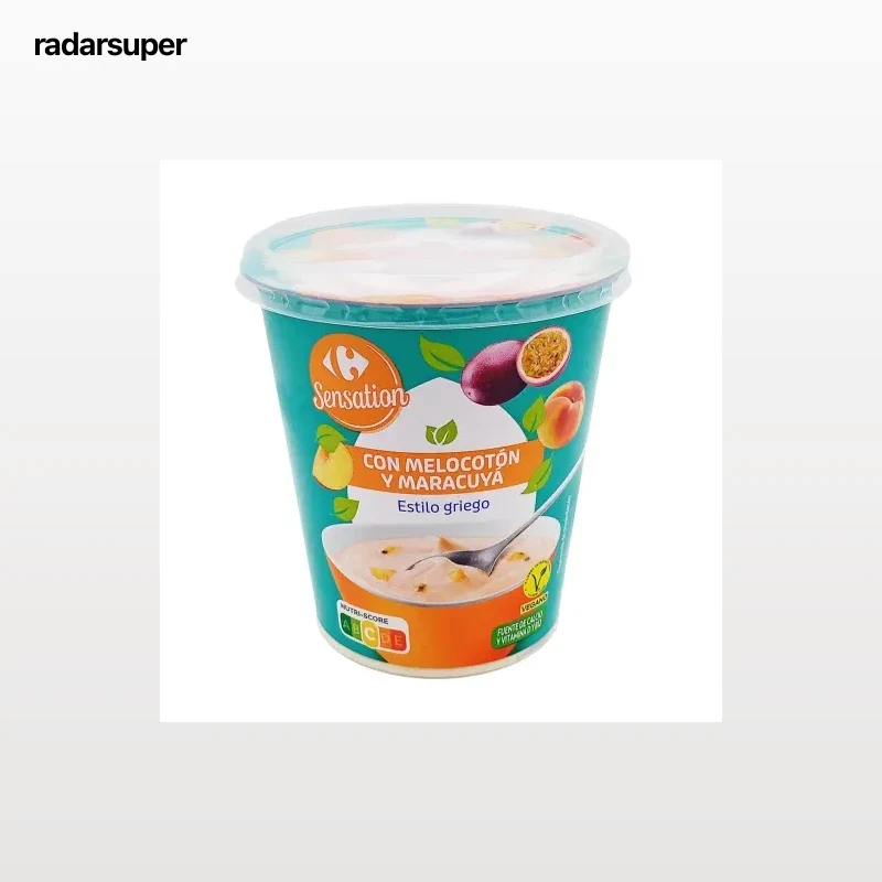 Postre vegetal estilo griego con melocotón y maracuyá Carrefour Sensation 350 g.
