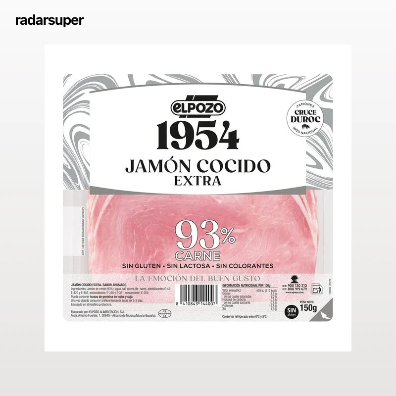 EL POZO 1954 Jamón cocido de categoria extra, sin lactosa, ni colorantes, cortado en lonchas 150 g.
