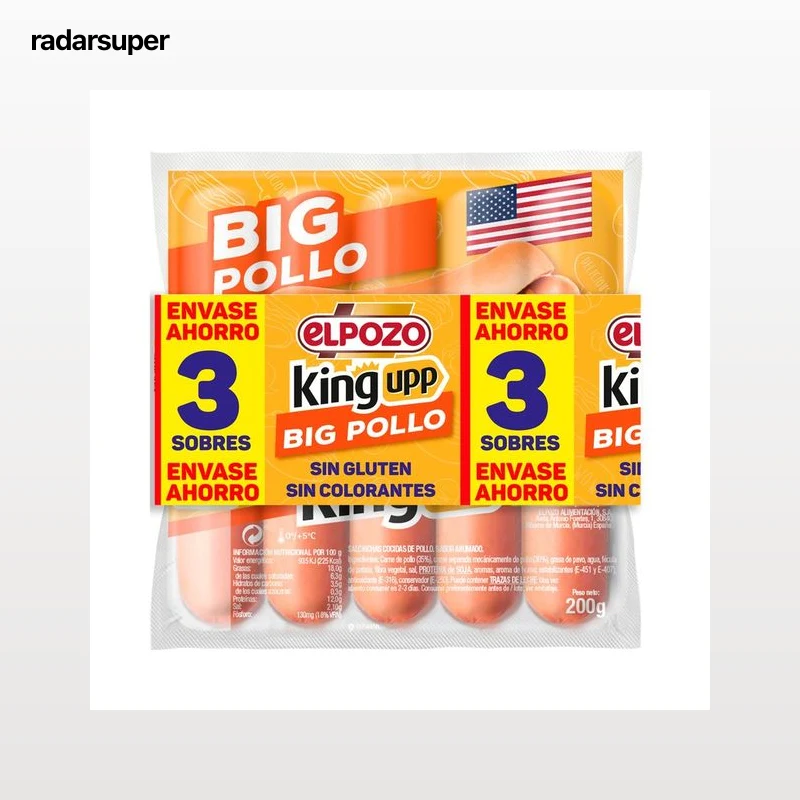 EL POZO Big pollo king upp Salchichas cocidas de pollo, sabor ahumado 3 x 200 g.