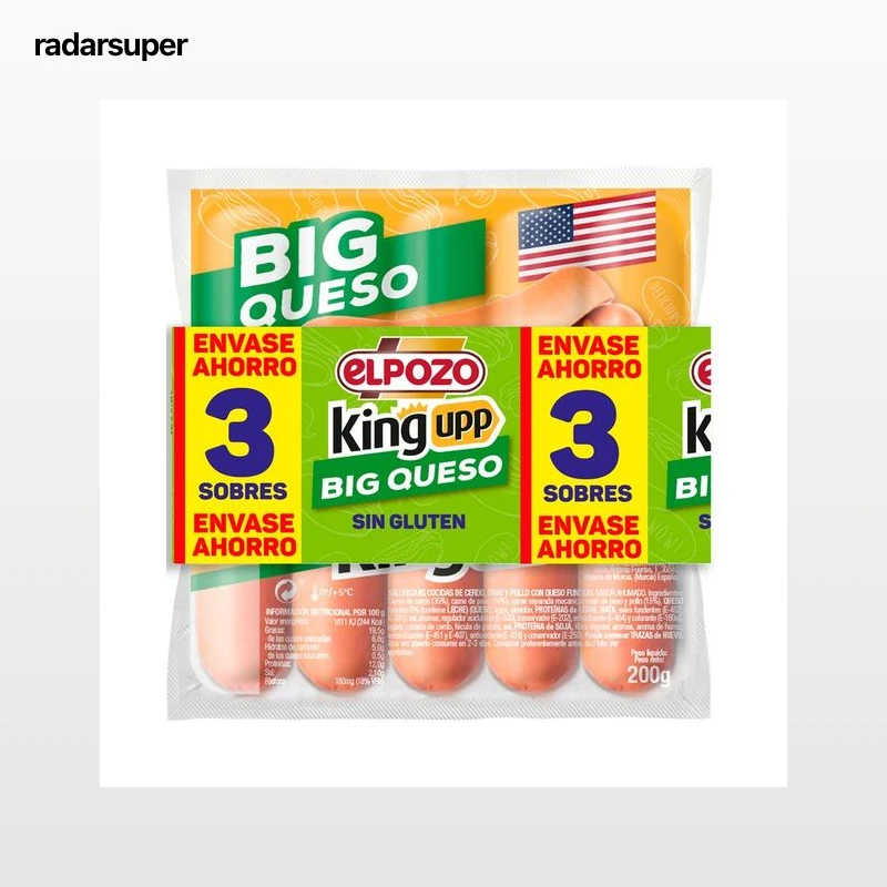 EL POZO Big queso king upp Salchichas cocidas de cerdo, pavo y pollo con queso 3 x 200 g.