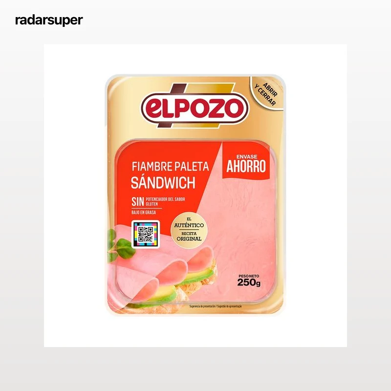 EL POZO Fiambre paleta, especial sándwich, sin gluten ni potenciadores del sabor, cortado en lonchas 250 g.