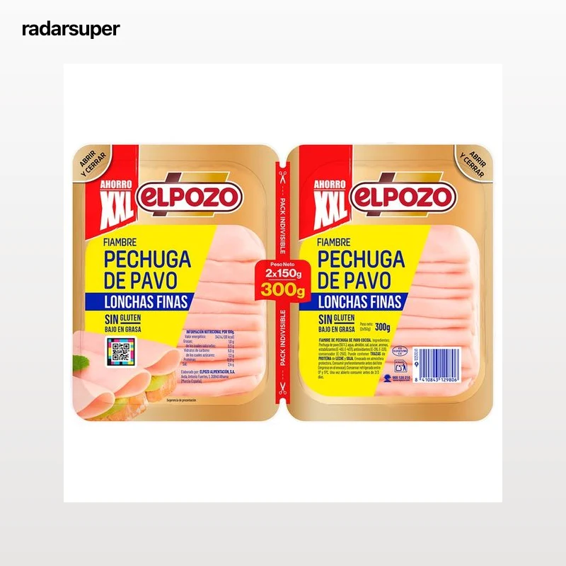 EL POZO Fiambre de pechuga de pavo cocida, cortada en lonchas finas 2 x 150 g.