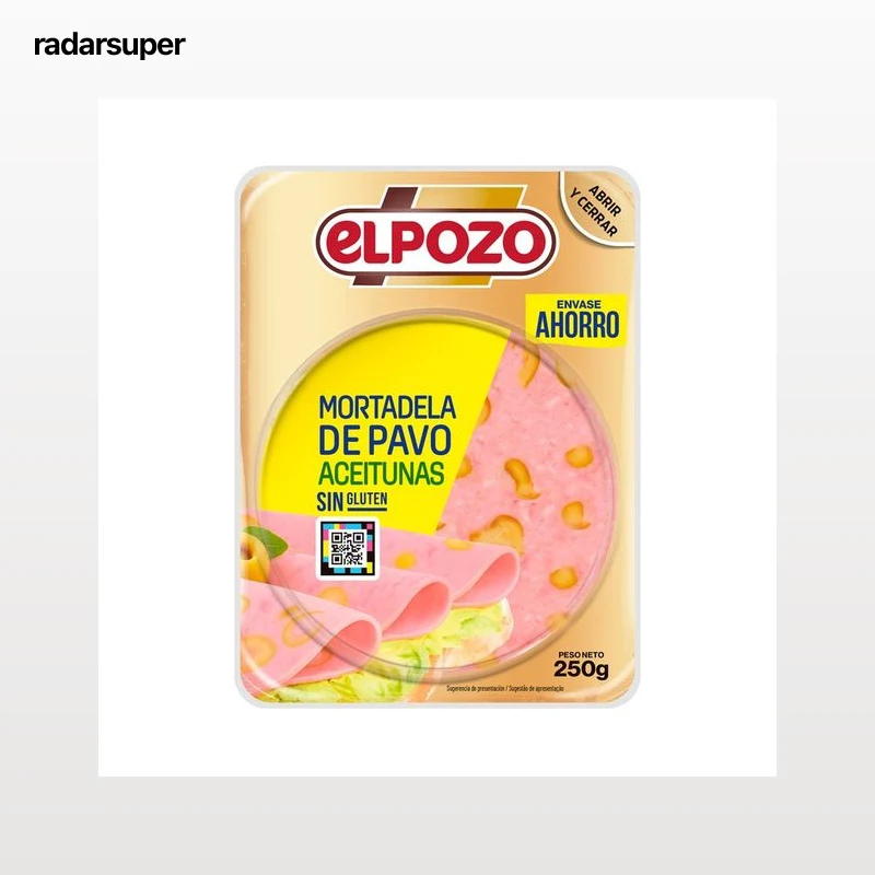 EL POZO Mortadela de pavo con aceitunas, sin gluten, cortada en finas lonchas 250 g.