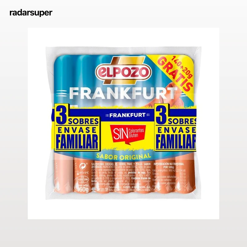 EL POZO Salchichas cocidas tipo Frankfurt de cerdo, pavo y pollo sabor ahumado 3 x 160 g.