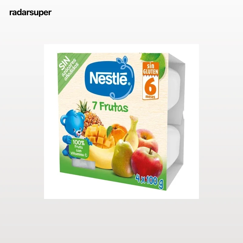 Preparado 7 frutas desde 6 meses Nestlé sin gluten, sin lactosa y sin azúcar añadido pack de 4 unidades de 100 g.