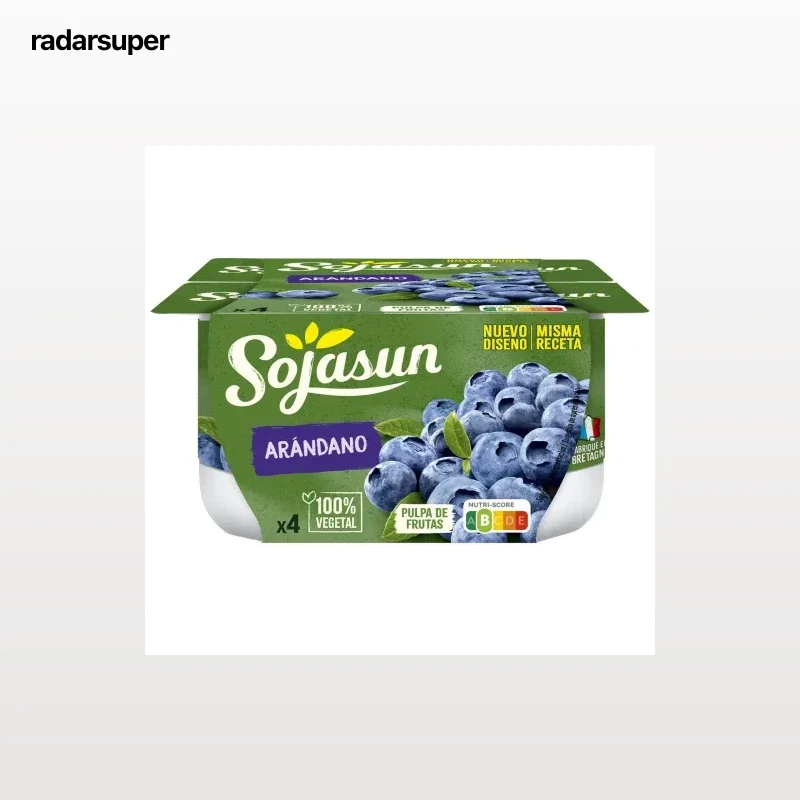 Preparado de soja con arándanos Sojasun sin gluten y sin lactosa pack de 4 unidades de 100 g.