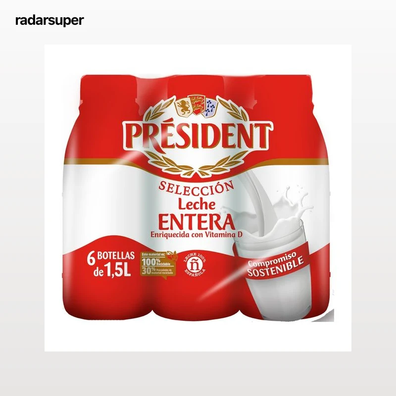PRÉSIDENT Leche entera de vaca de origen 100% español 6 x 1.5 l.
