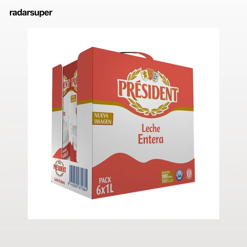 PRÉSIDENT Leche entera de vaca de origen 100% español 6 x 1 l.