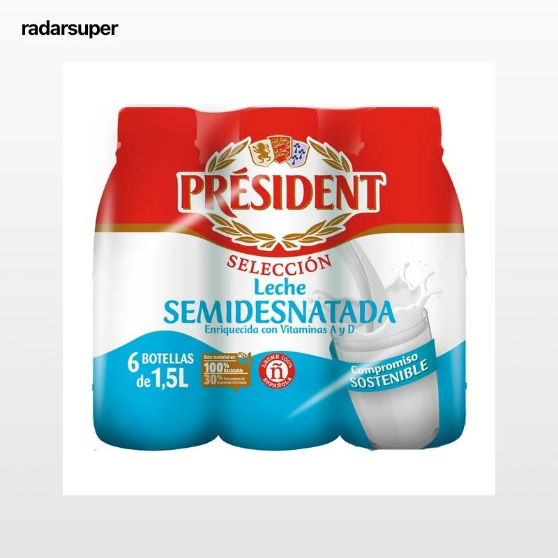 PRÉSIDENT Leche semidesnatada de vaca de origen 100% español 6 x 1.5 l.