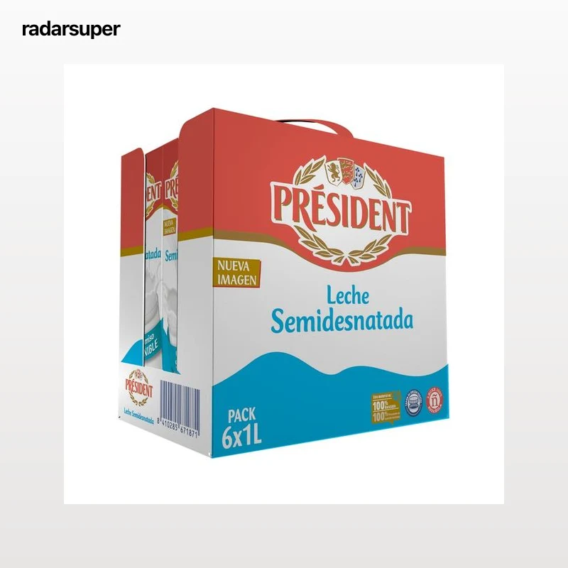 PRÉSIDENT Leche semidesnatada de vaca de origen 100% español 6 x 1 l.