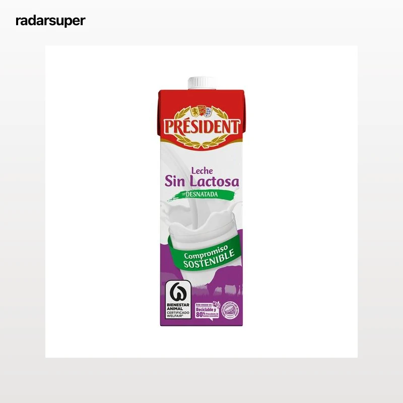 PRESIDENT Leche de vaca desnatada y sin lactosa de origen 100% española  1 l.
