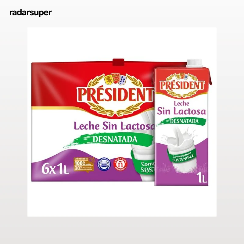 PRESIDENT Leche de vaca desnatada y sin lactosa de origen 100% española 6 x 1 l.