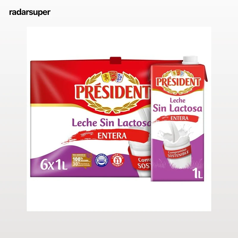 PRESIDENT Leche de vaca entera y sin lactosa de origen 100% española  6 x 1 l.