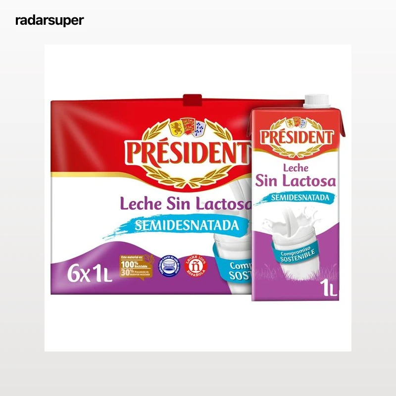 PRESIDENT Leche de vaca semidesnatada y sin lactosa de origen 100% española  6 x 1 l.