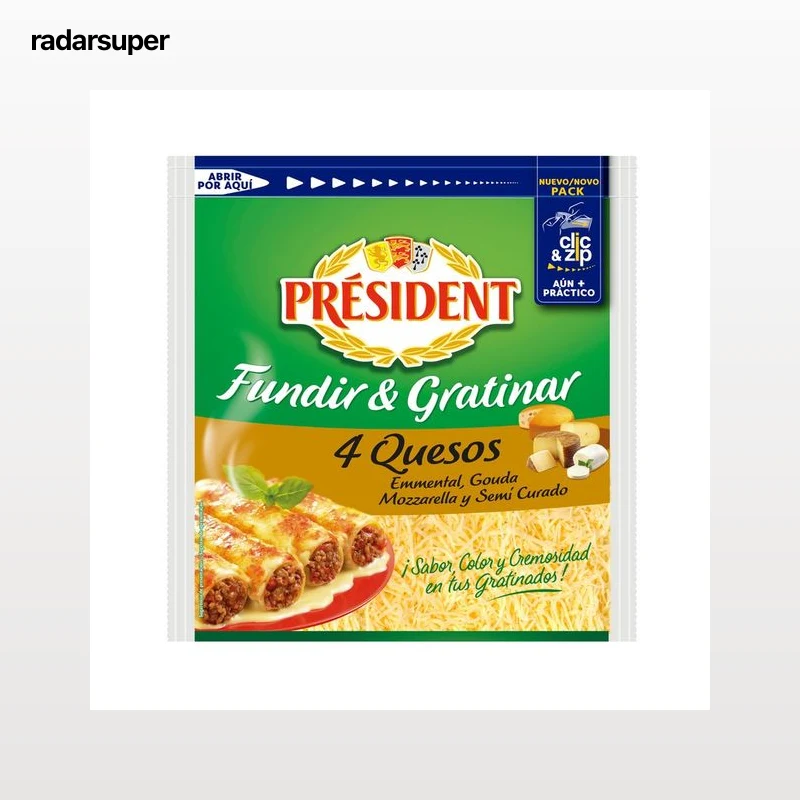 PRÉSIDENT Queso rallado mezcla (Emmental, cheddar, mozzarella y semi curado) PRÉSIDENT 150 g.