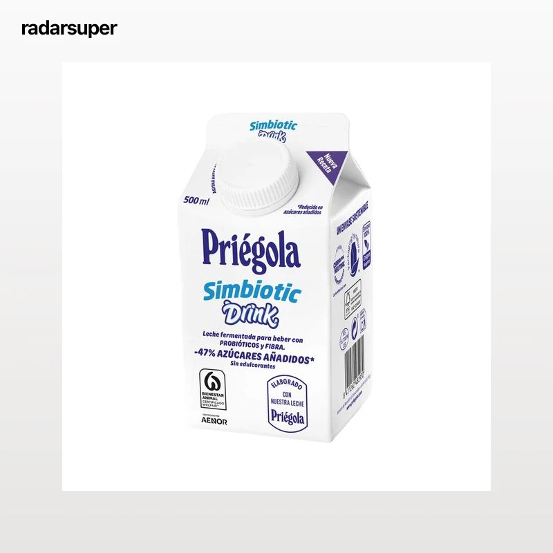 PRIÉGOLA Leche fermentada para beber con Lcasei, fibra alimentaria, fermentos lácticos vivos y sabor natural Simbiotic 500 ml.