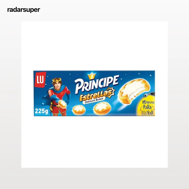PRÍNCIPE Estrellas Galletas rellenas de crema de leche y cubiertas de chocolate blanco 225 g.