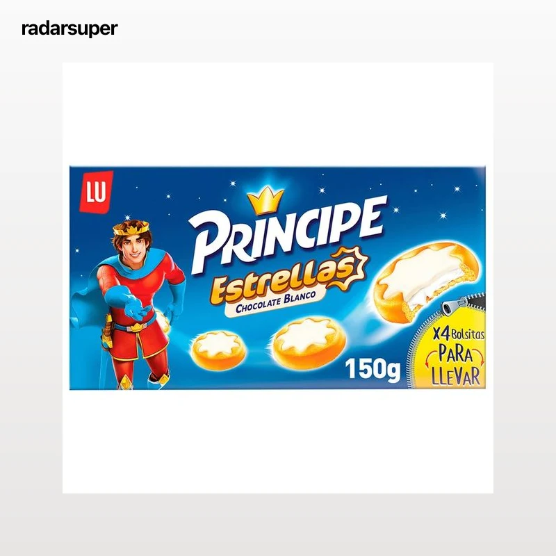 PRÍNCIPE Galletas Estrellas rellenas de crema de leche y cubiertas de chocolate blanco 150 g.