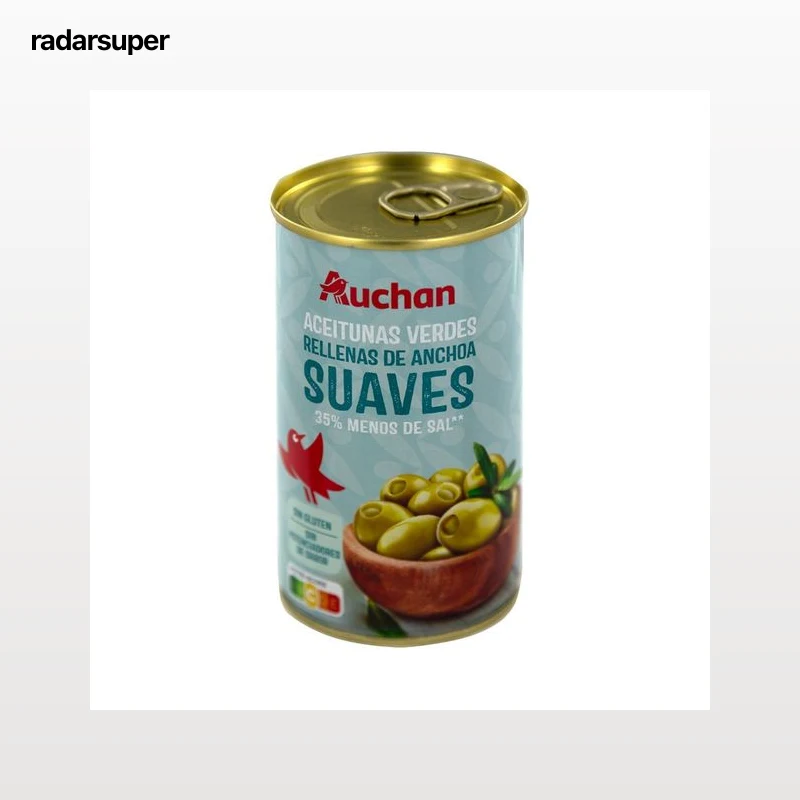 PRODUCTO ALCAMPO Aceitunas verdes suaves rellenas de anchoa y con un 35% menos de sal lata 150 g.