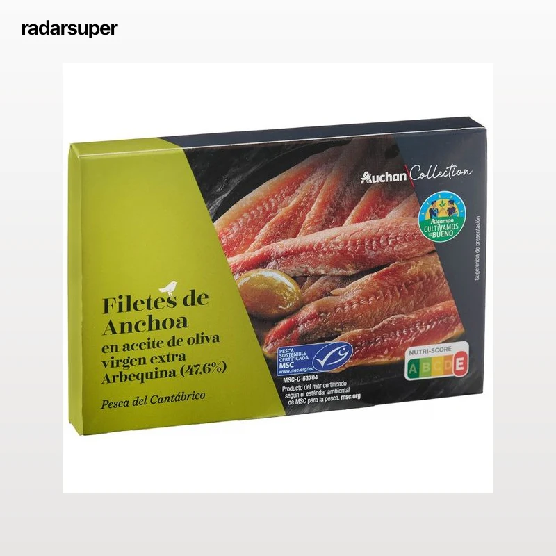 PRODUCTO ALCAMPO Collection Filetes de anchoa en aceite de oliva virgen extra MSC (Pesca sostenible certificada) lata p.e 55 g.
