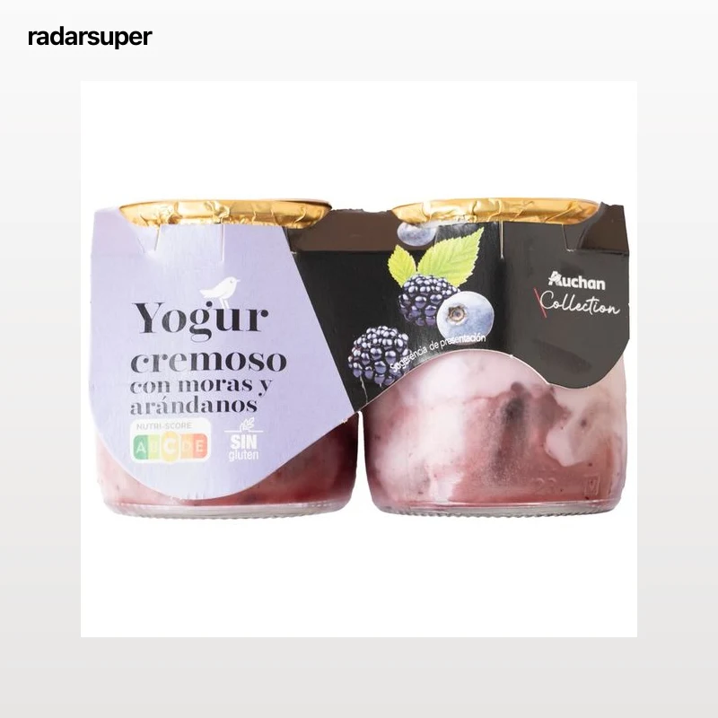 PRODUCTO ALCAMPO Collection Yogur cremoso natural azucarado con moras y arándanos y sin gluten  2 x 125 g.