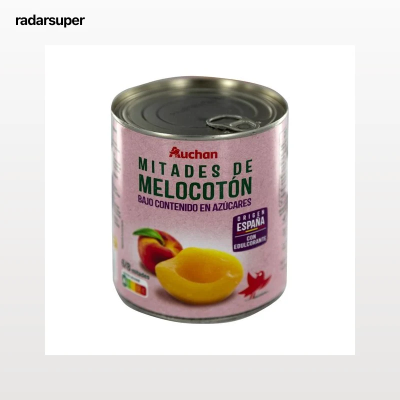 PRODUCTO ALCAMPO Melocotón de origen español cortados en mitades y con bajo contenido en azúcares lata de 480 g.