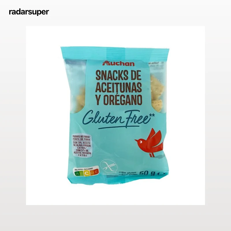 PRODUCTO ALCAMPO Snacks de aceitunas y orégano con aceite de oliva, sin gluten 50 g.