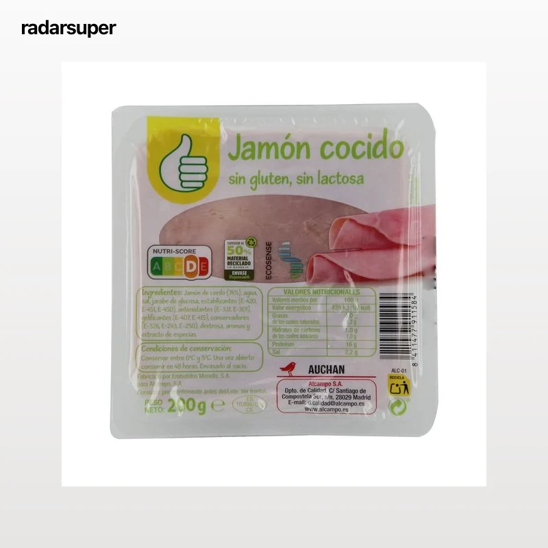 PRODUCTO ECONÓMICO ALCAMPO Jamón cocido cortado en lonchas, sin gluten y sin lactosa PRODUCTO ECONÓMICO ALCAMPO 200 g.