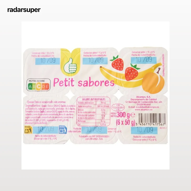 PRODUCTO ECONÓMICO ALCAMPO Petit suisse de diferentes sabores (fresa, plátano, naranja) 6 x 50 g.