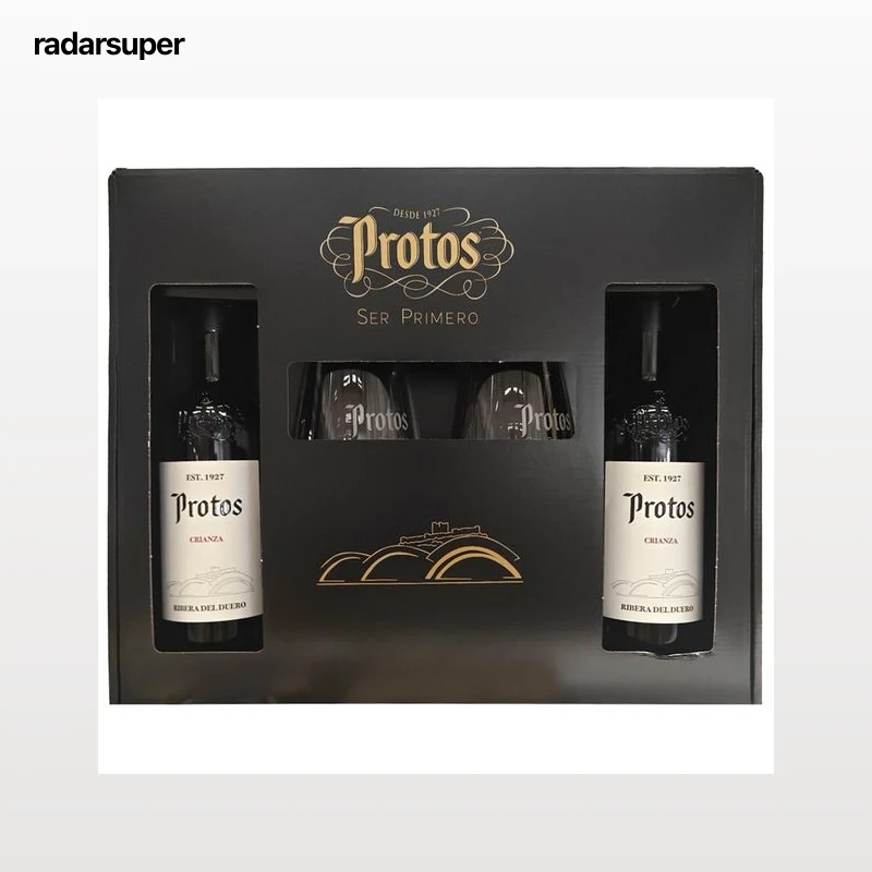 PROTOS  Estuche con 2 botellas de vino tinto crianza con D.O. Ribera del Duero + 2 copas.