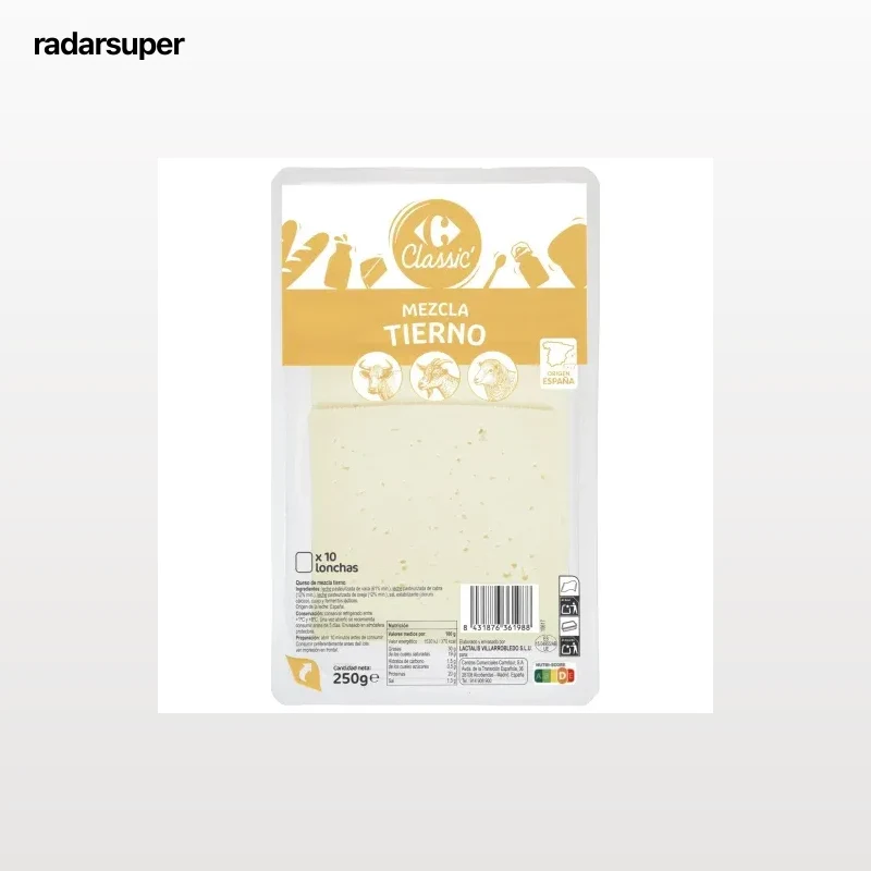 Queso de mezcla tierno en lonchas Carrefour Classic 250 g.