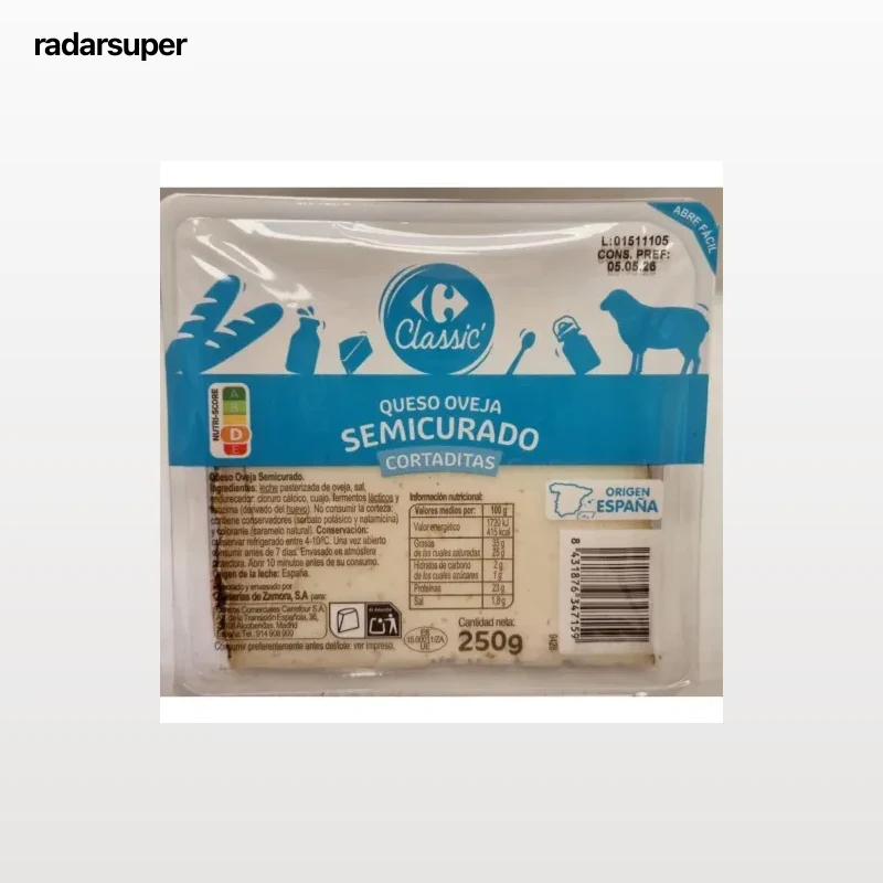 Queso de oveja semicurado cortaditas Carrefour Classic 250 g.