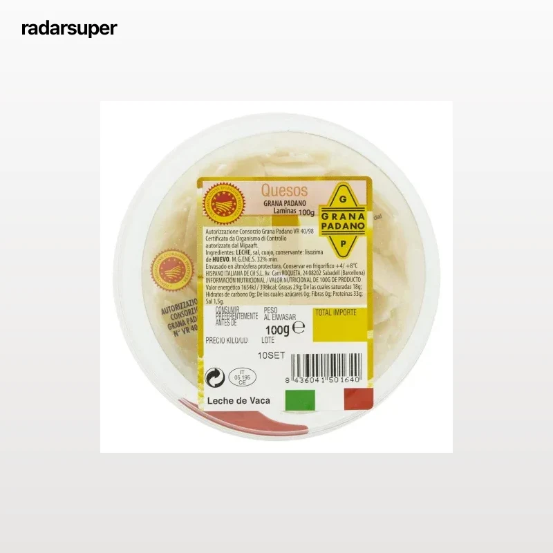 Queso grana padano en laminas D.O.P. Hispano Italiana Parmareggio 100 g.