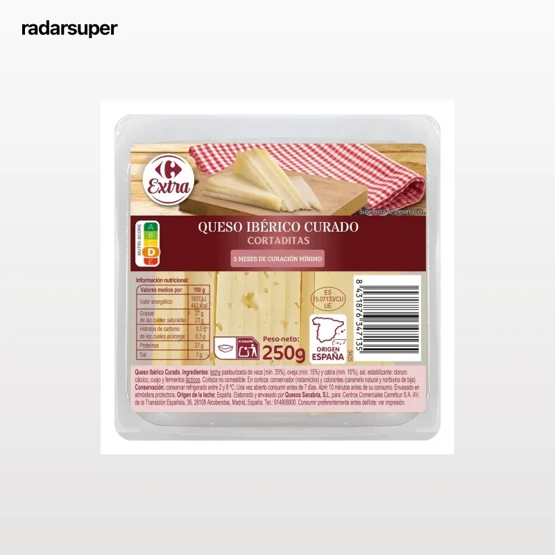 Queso ibérico curado Extra Carrefour cuña cortada 250 g.