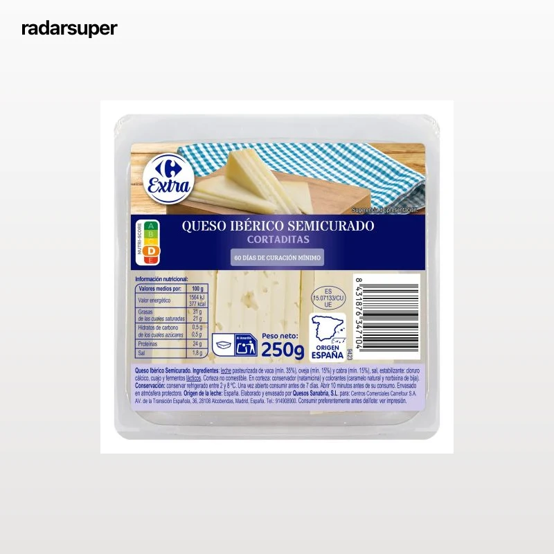 Queso ibérico semicurado Extra Carrefour cuña cortada 250 g.