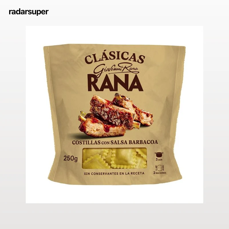 RANA Clásicas Raviolis de pasta fresca rellenos de carne de costillas con salsa barbacoa 250 g.