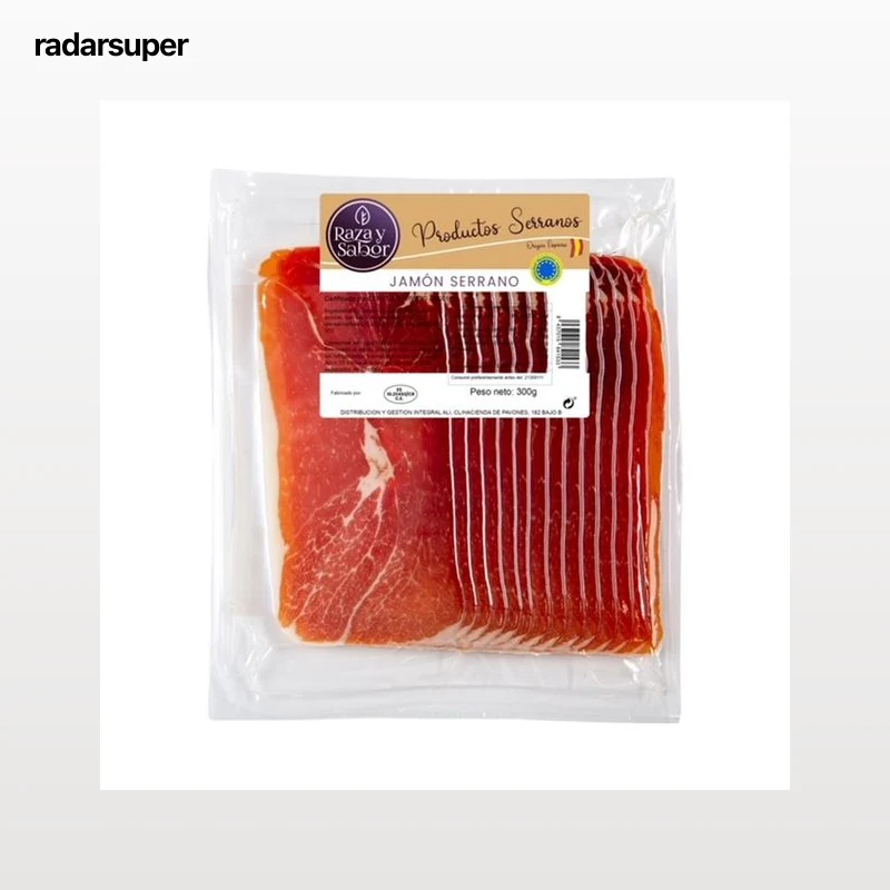 RAZA Y SABOR Jamón serrano, cortado en lonchas y envasado al vacio RAZA Y SABOR 300 g.