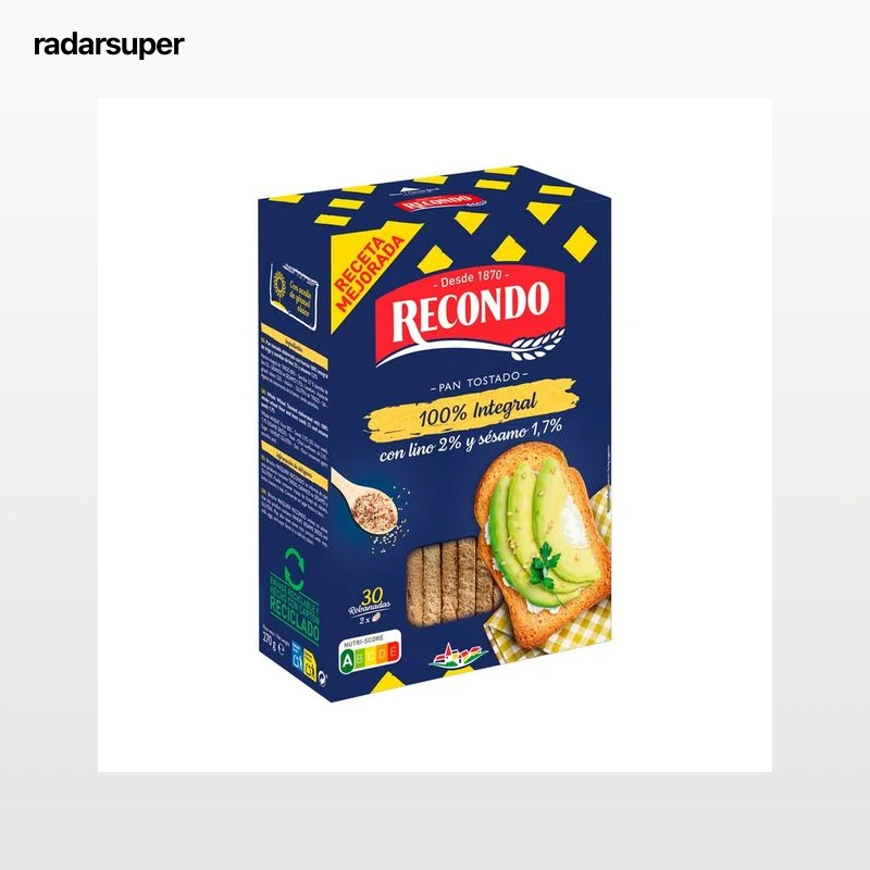 RECONDO Integral Pan tostado 100% integral, con un 2% de lino y 1.7% de sesamo, 30 rebanadas,  270 g.