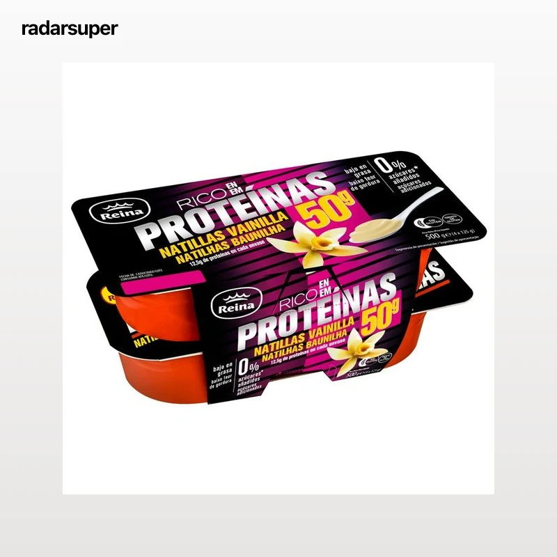REINA Natillas de vainilla bajas en grasa, sin azúcares añadidos y con alto contenido en proteínas (12.5 g)  4 x 125 g.